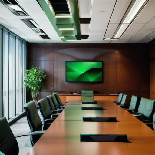 Professional boardroom with strategy documents and screens, no people